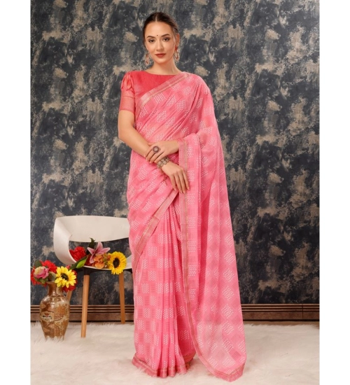 Generic Women's Zomto Checked Saree With Unstitched Blouse (Pink, 5-6 Mtrs)