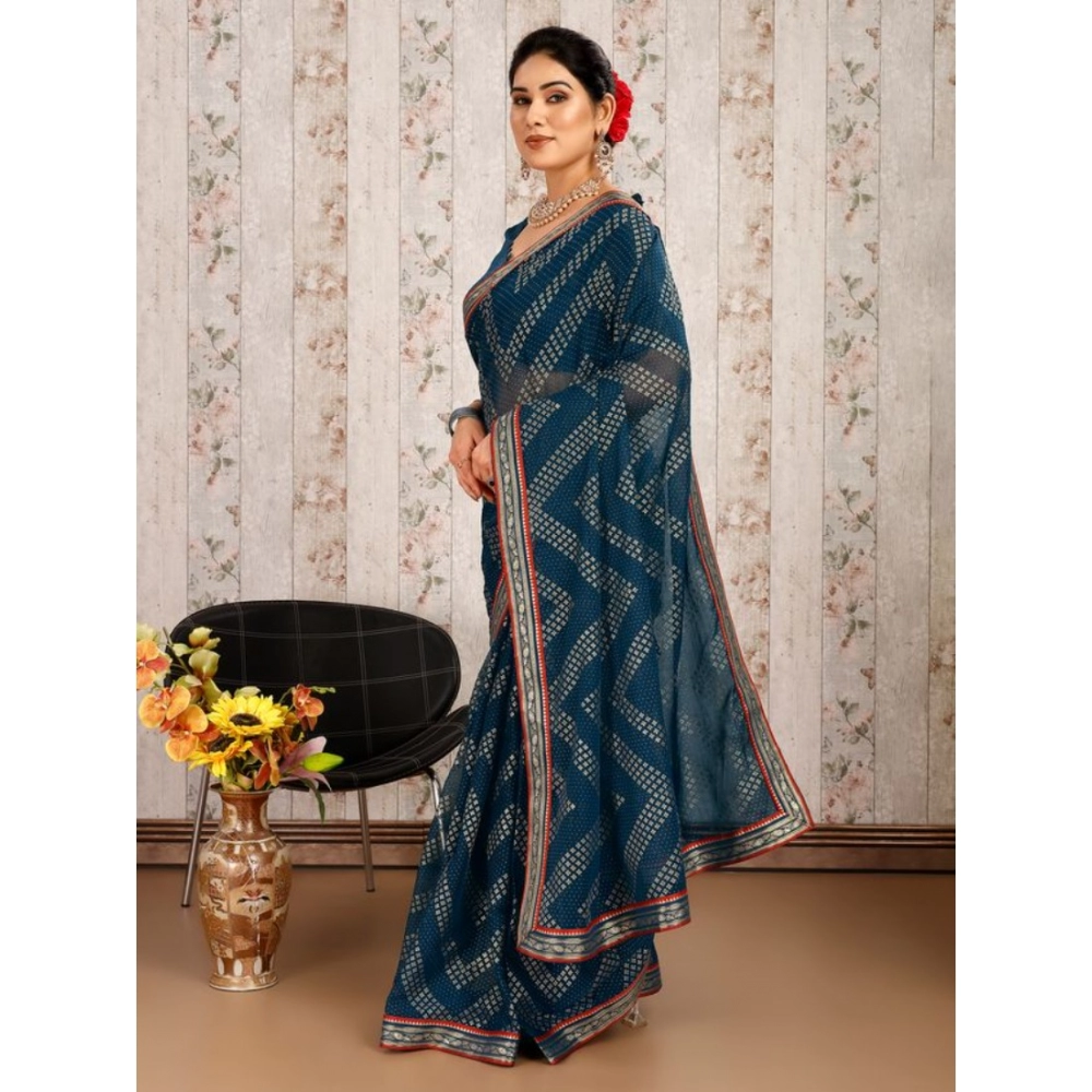 Generic Women's Zomto Zig Zag Saree With Unstitched Blouse (Blue, 5-6 Mtrs) Generic Women's Zomto Zig Zag Saree With Unstitched Blouse (Blue, 5-6 Mtrs)