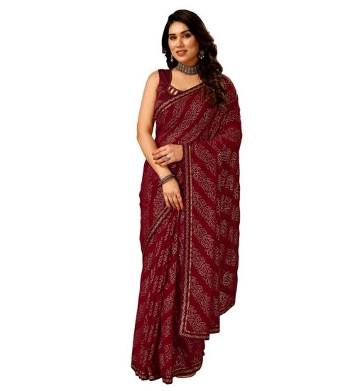 Generic Women's Zomto Bandhini Saree With Unstitched Blouse (Maroon, 5-6 Mtrs)