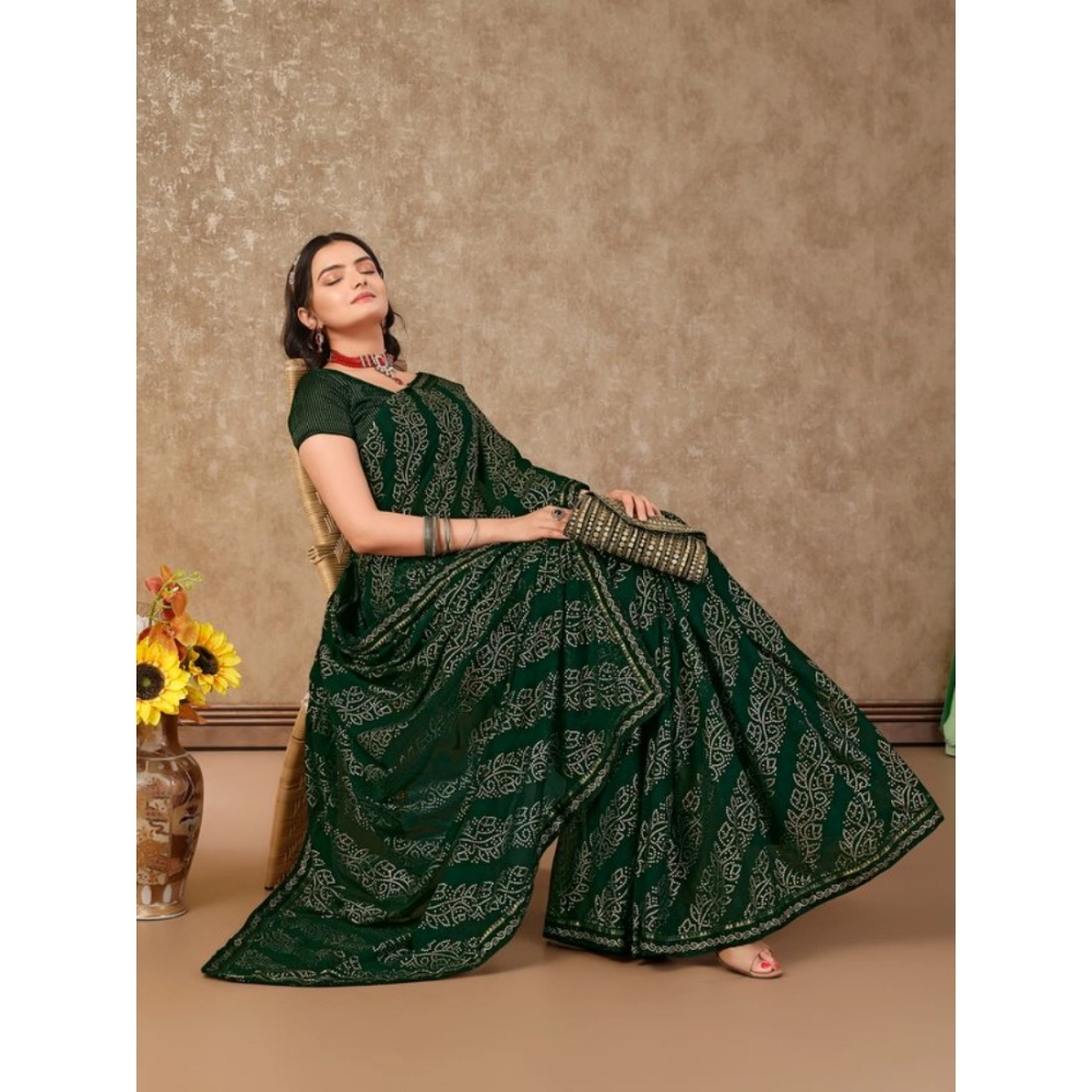 Generic Women's Zomto Bandhini Saree With Unstitched Blouse (Green, 5-6 Mtrs)