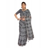 Generic Women's Linen Floral Printed Saree With Unstitched Blouse (Grey, 5-6 Mtrs)