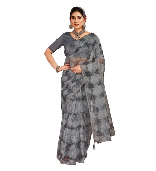 Generic Women's Linen Floral Printed Saree With Unstitched Blouse (Grey, 5-6 Mtrs)