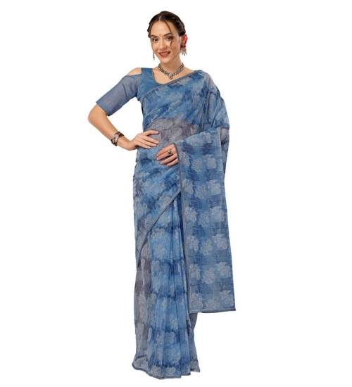 Generic Women's Linen Floral Printed Saree With Unstitched Blouse (Blue, 5-6 Mtrs)