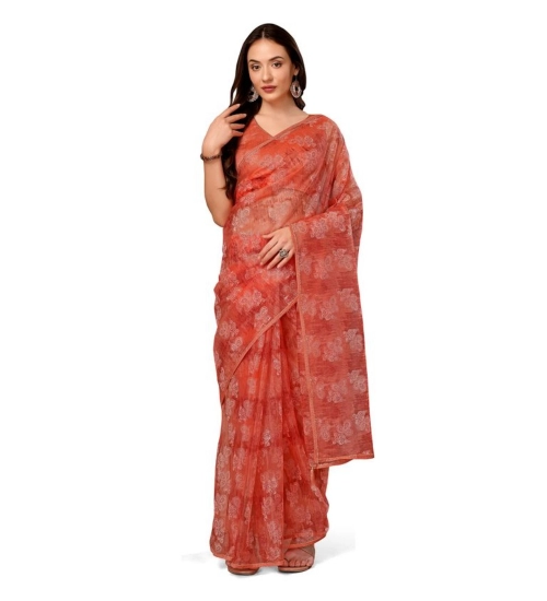 Generic Women's Linen Floral Printed Saree With Unstitched Blouse (Peach, 5-6 Mtrs)