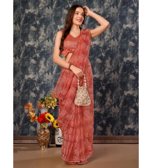 Generic Women's Linen Floral Printed Saree With Unstitched Blouse (Peach, 5-6 Mtrs)