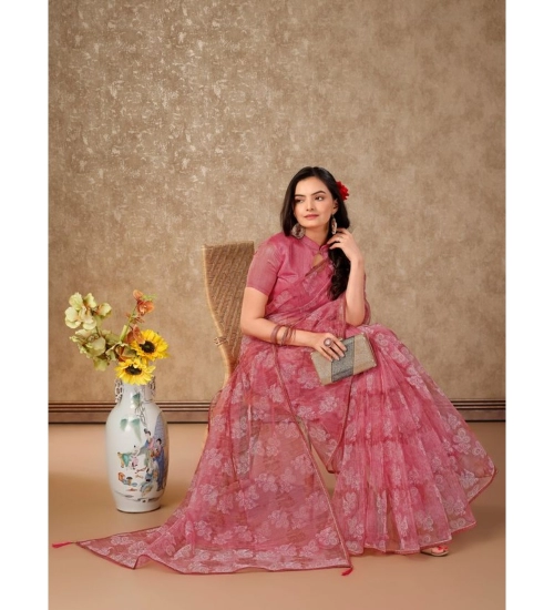 Generic Women's Linen Floral Printed Saree With Unstitched Blouse (Pink, 5-6 Mtrs)