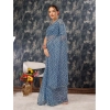 Generic Women's Linen Zig Zag Saree With Unstitched Blouse (Blue, 5-6 Mtrs)