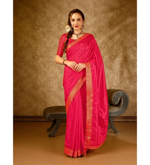 Generic Women's Vichitra Plain Saree With Unstitched Blouse (Pink, 5-6 Mtrs)