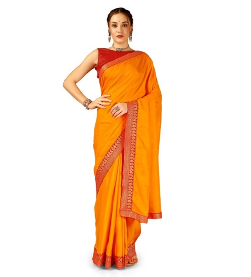 Generic Women's Vichitra Plain Saree With Unstitched Blouse (Yellow, 5-6 Mtrs)