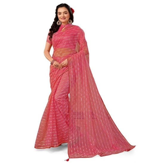 Generic Women's Linen Line Saree With Unstitched Blouse (Pink, 5-6 Mtrs)