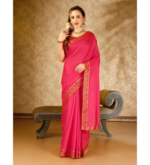 Generic Women's Vichitra Swiroshki Butta Saree With Unstitched Blouse (Pink, 5-6 Mtrs)