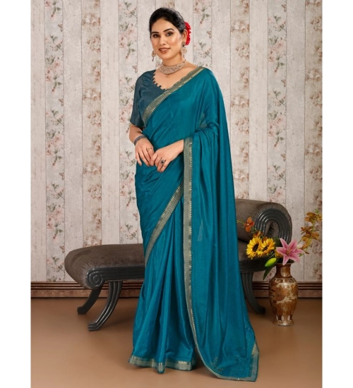 Generic Women's Vichitra Swiroshki Butta Saree With Unstitched Blouse (Blue, 5-6 Mtrs)