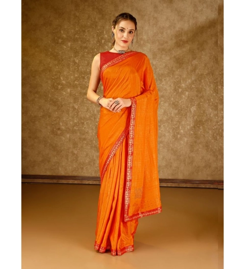 Generic Women's Vichitra Swiroshki Butta Saree With Unstitched Blouse (Yellow, 5-6 Mtrs)