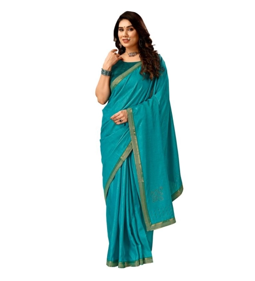 Generic Women's Vichitra Swiroshki Butta Saree With Unstitched Blouse (Teal Blue, 5-6 Mtrs)