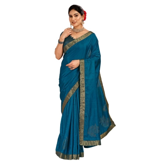Generic Women's Vichitra Swiroshki Butta Saree With Unstitched Blouse (Blue, 5-6 Mtrs)