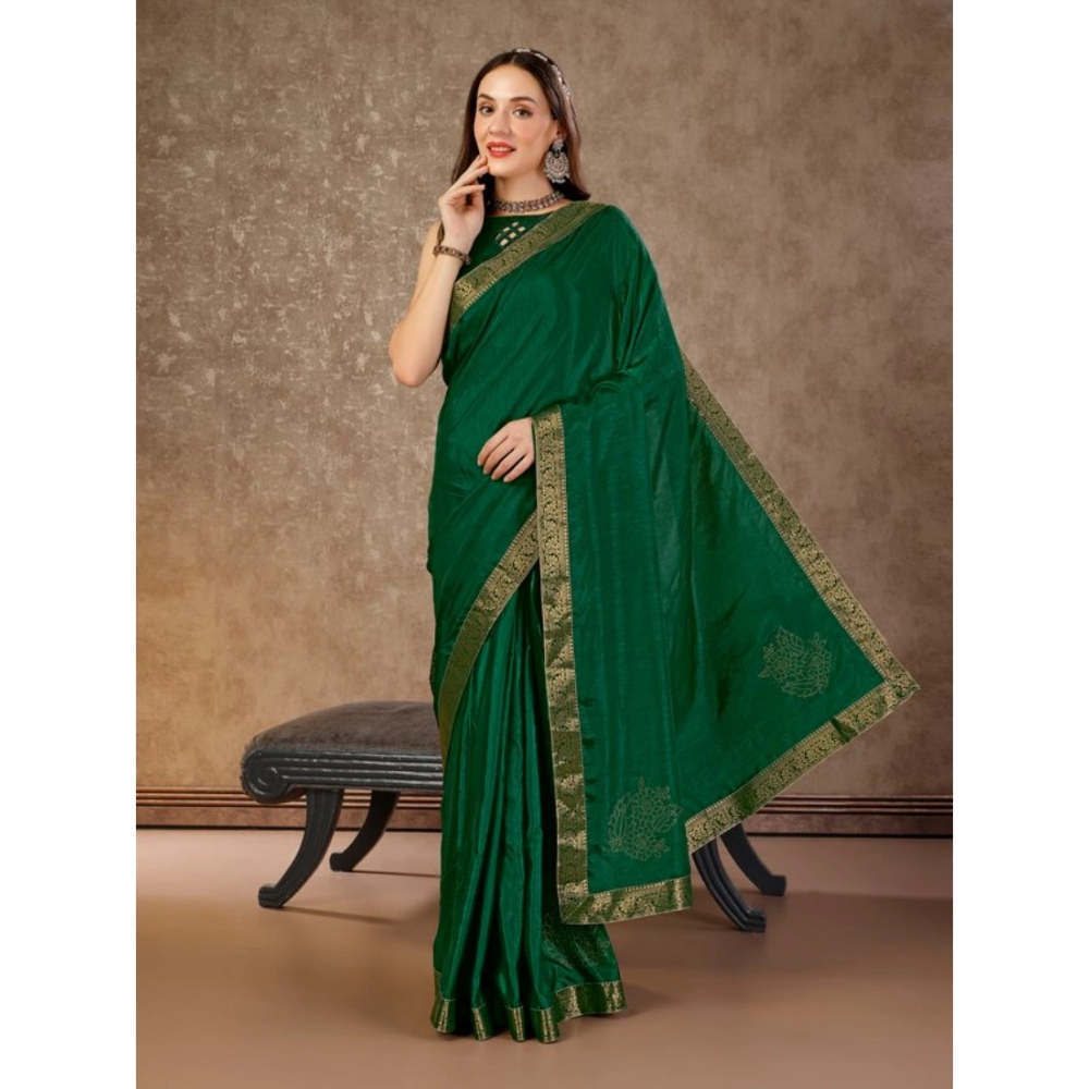 Generic Women's Vichitra Swiroshki Butta Saree With Unstitched Blouse (Green, 5-6 Mtrs)