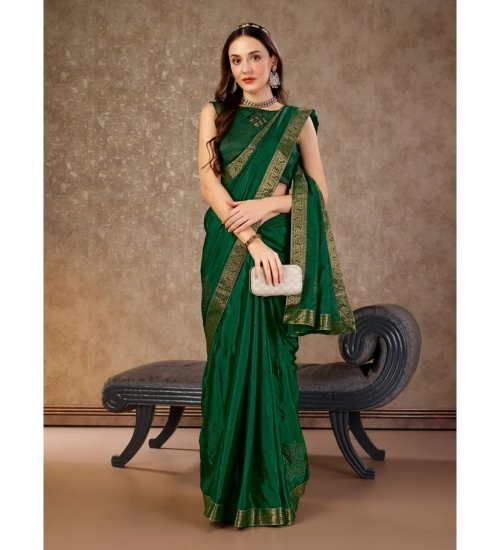 Generic Women's Vichitra Swiroshki Butta Saree With Unstitched Blouse (Green, 5-6 Mtrs)