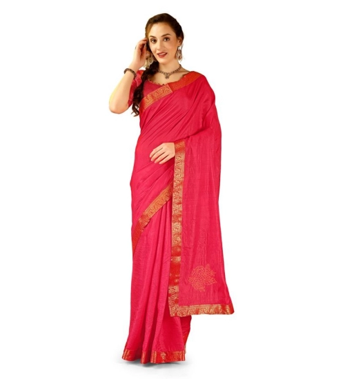 Generic Women's Vichitra Swiroshki Butta Saree With Unstitched Blouse (Pink, 5-6 Mtrs)