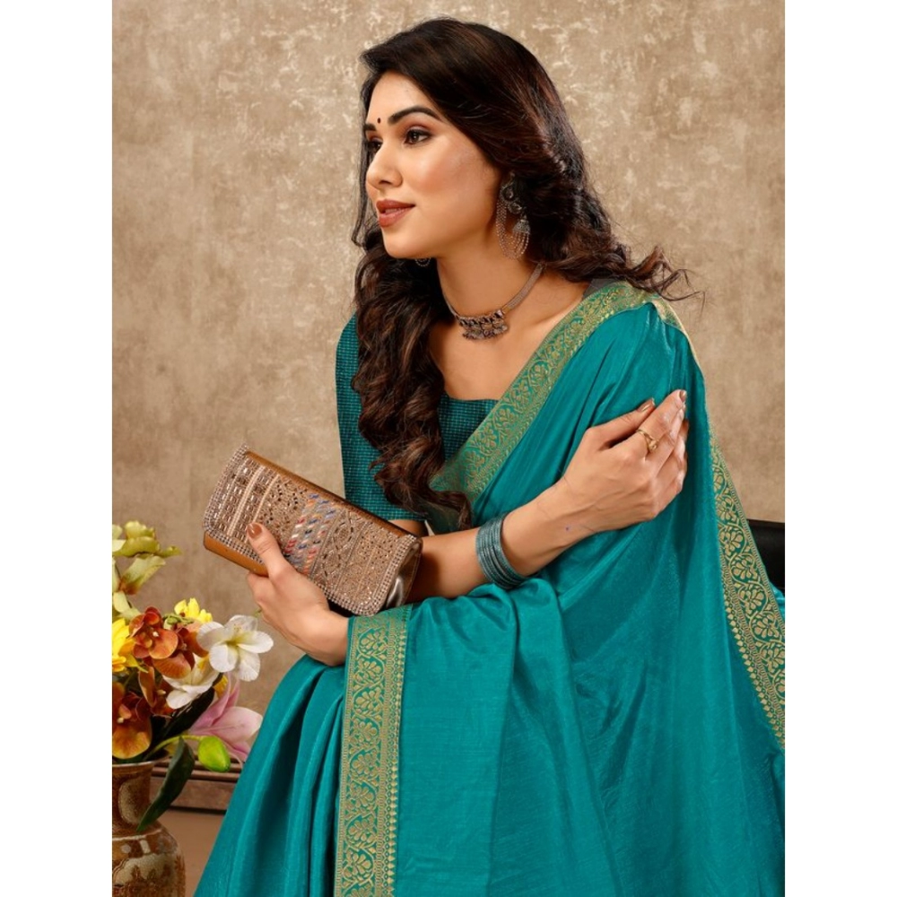 Generic Women's Vichitra Swiroshki Butta Saree With Unstitched Blouse (Teal Blue, 5-6 Mtrs) Generic Women's Vichitra Swiroshki Butta Saree With Unstitched Blouse (Teal Blue, 5-6 Mtrs)