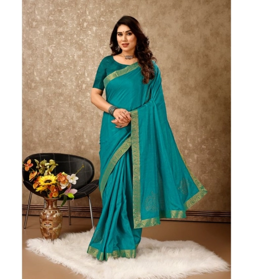 Generic Women's Vichitra Swiroshki Butta Saree With Unstitched Blouse (Teal Blue, 5-6 Mtrs)