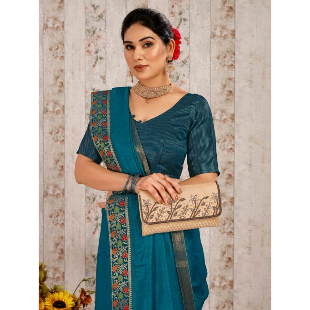Generic Women's Vichitra Swiroshki Butta Saree With Unstitched Blouse (Teal Blue, 5-6 Mtrs) Generic Women's Vichitra Swiroshki Butta Saree With Unstitched Blouse (Teal Blue, 5-6 Mtrs)