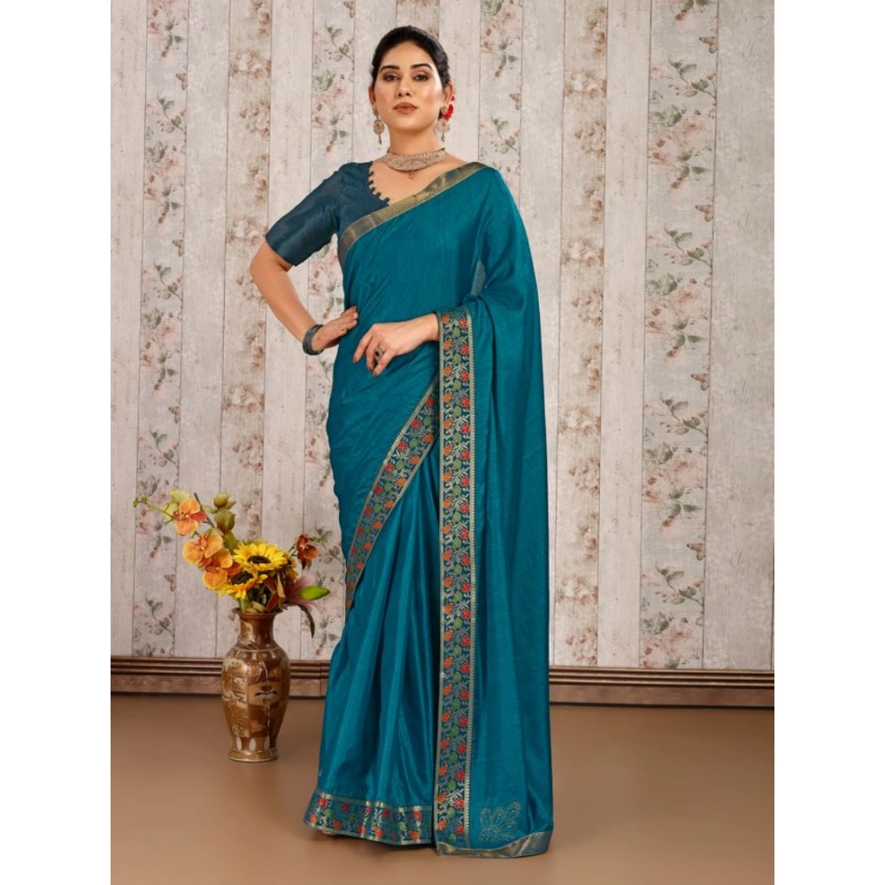 Generic Women's Vichitra Swiroshki Butta Saree With Unstitched Blouse (Teal Blue, 5-6 Mtrs) Generic Women's Vichitra Swiroshki Butta Saree With Unstitched Blouse (Teal Blue, 5-6 Mtrs)