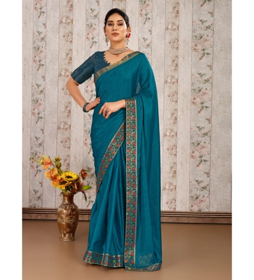 Generic Women's Vichitra Swiroshki Butta Saree With Unstitched Blouse (Teal Blue, 5-6 Mtrs)
