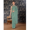 Generic Women's Chiffon Fabric Line Saree With Unstitched Blouse (Turquoise green, 5-6 Mtrs)