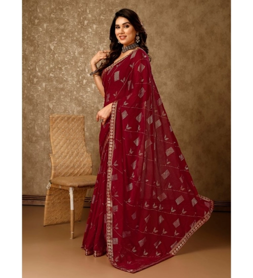 Generic Women's Zomto Patta Chiffon Saree With Unstitched Blouse (Maroon, 5-6 Mtrs)