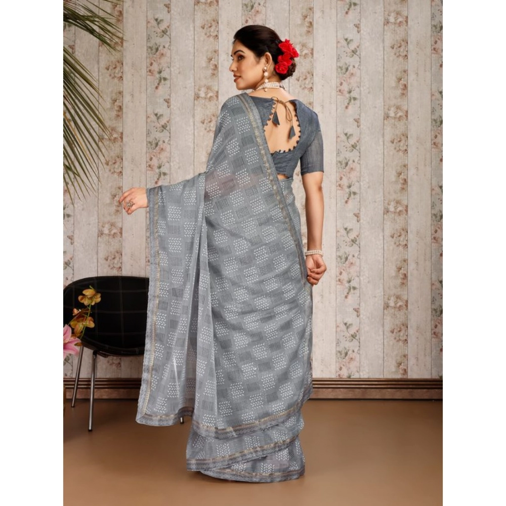 Generic Women's Zomto Checked Saree With Unstitched Blouse (Grey, 5-6 Mtrs) Generic Women's Zomto Checked Saree With Unstitched Blouse (Grey, 5-6 Mtrs)