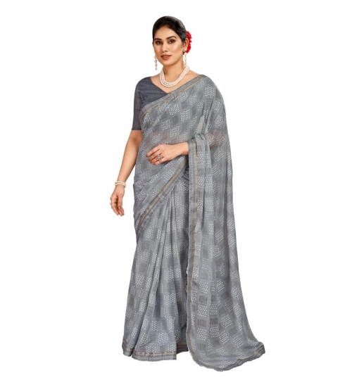 Generic Women's Zomto Checked Saree With Unstitched Blouse (Grey, 5-6 Mtrs)