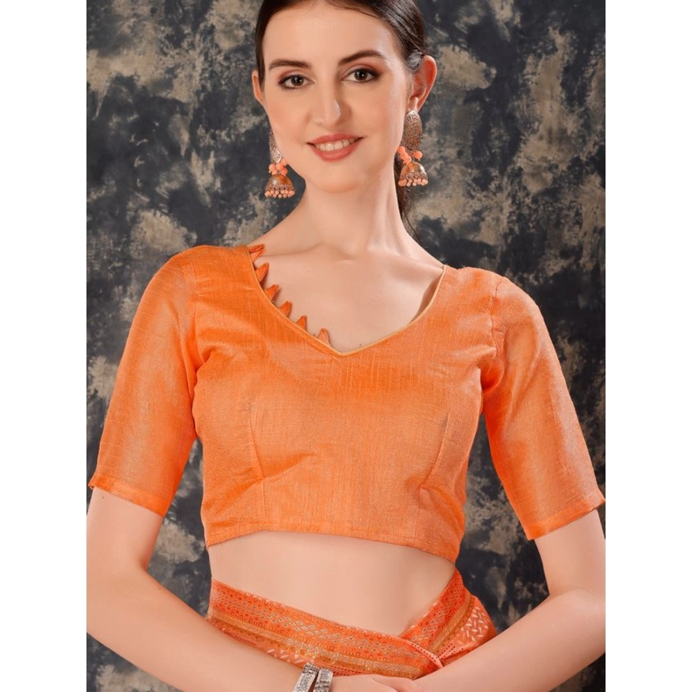 Generic Women's Zomto Checked Saree With Unstitched Blouse (Peach, 5-6 Mtrs)