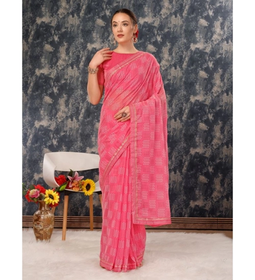 Generic Women's Zomto Checked Saree With Unstitched Blouse (Pink, 5-6 Mtrs)