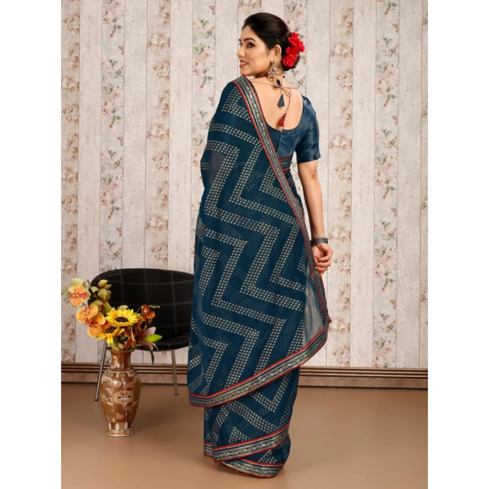 Generic Women's Zomto Zig Zag Saree With Unstitched Blouse (Blue, 5-6 Mtrs) Generic Women's Zomto Zig Zag Saree With Unstitched Blouse (Blue, 5-6 Mtrs)