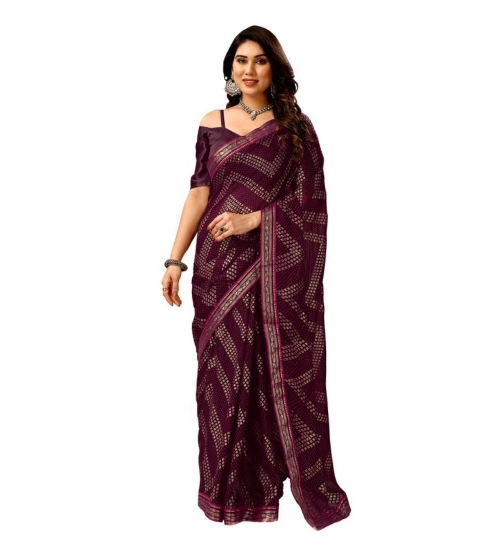 Generic Women's Zomto Zig Zag Saree With Unstitched Blouse (Wine, 5-6 Mtrs)