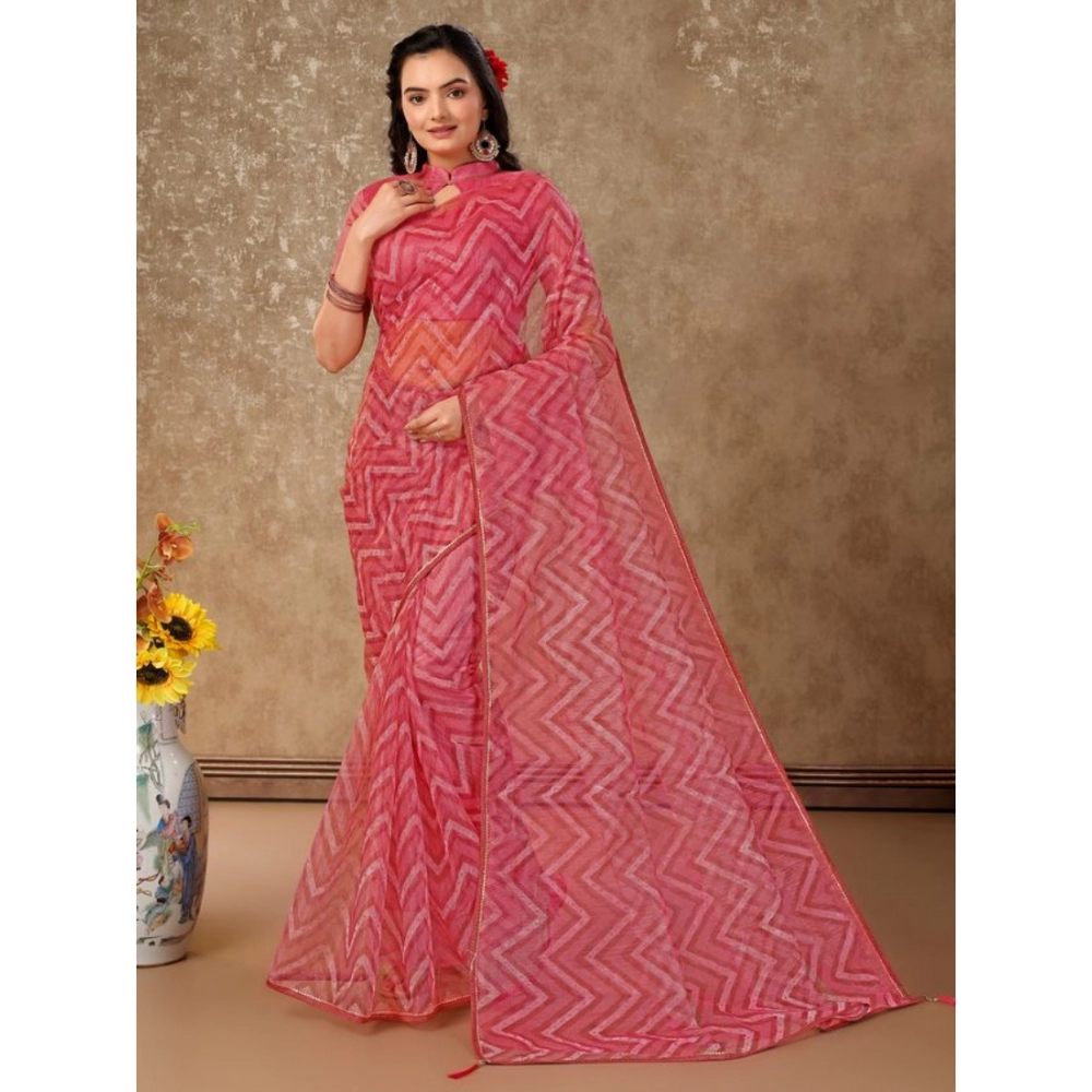 Generic Women's Linen Zig Zag Saree With Unstitched Blouse (Pink, 5-6 Mtrs)