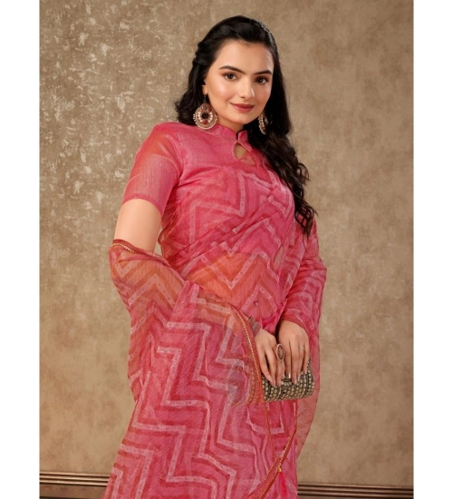 Generic Women's Linen Zig Zag Saree With Unstitched Blouse (Pink, 5-6 Mtrs)