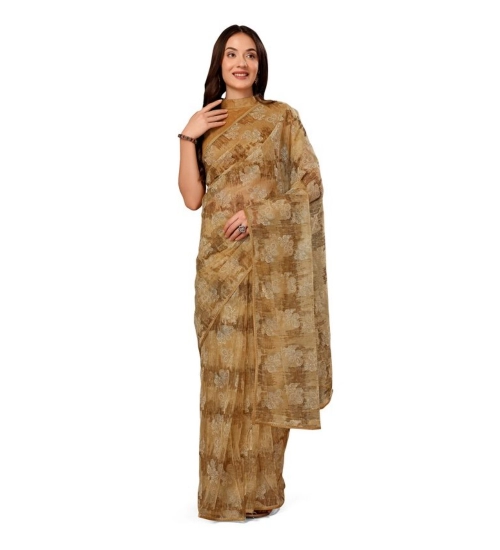 Generic Women's Linen Floral Printed Saree With Unstitched Blouse (Brown, 5-6 Mtrs)