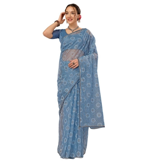 Generic Women's Linen Gola Printed Saree With Unstitched Blouse (Blue, 5-6 Mtrs)