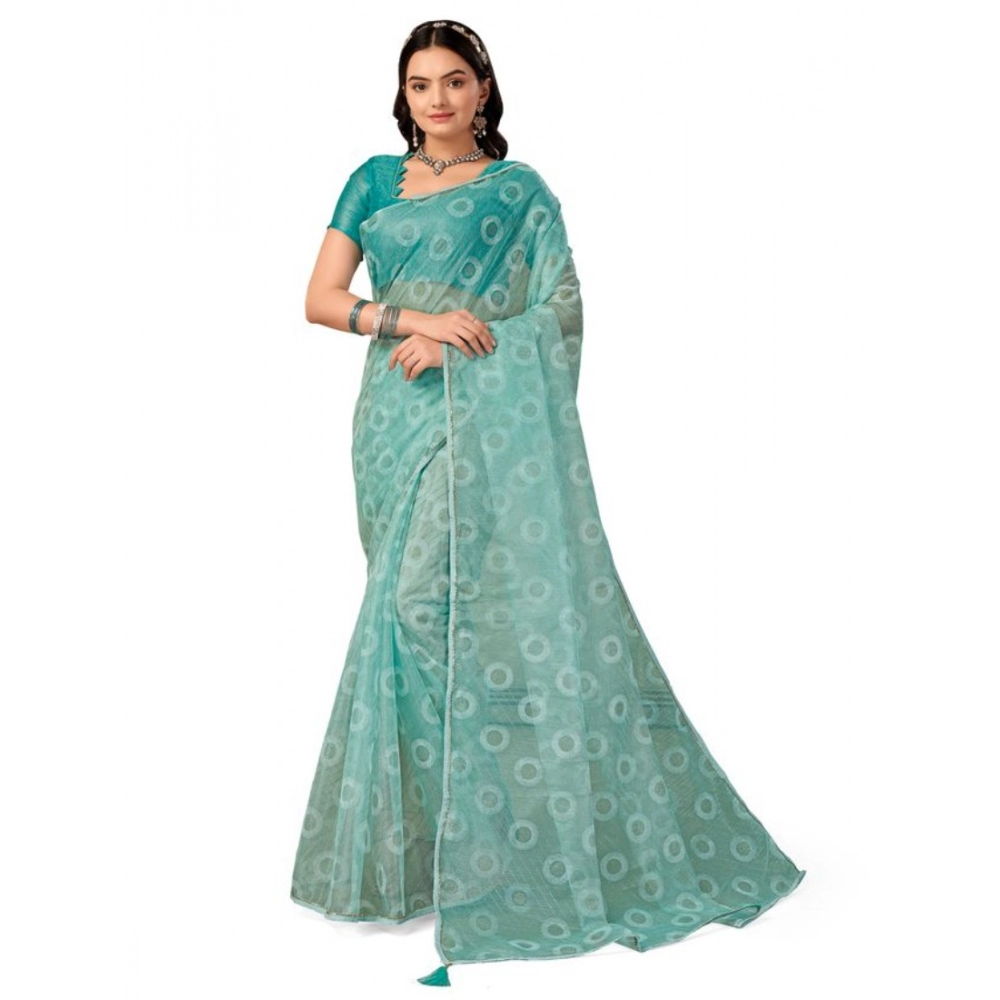 Generic Women's Linen Gola Printed Saree With Unstitched Blouse (Turquies Green, 5-6 Mtrs)