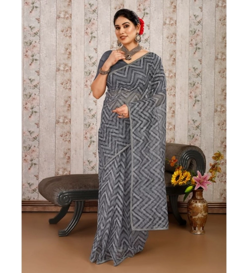 Generic Women's Linen Zig Zag Saree With Unstitched Blouse (Grey, 5-6 Mtrs)
