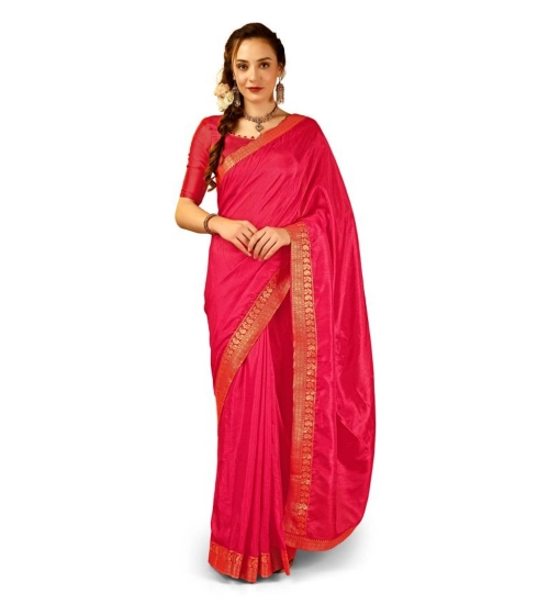 Generic Women's Vichitra Plain Saree With Unstitched Blouse (Pink, 5-6 Mtrs)