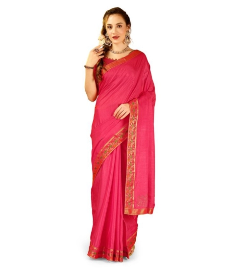 Generic Women's Vichitra Swiroshki Butta Saree With Unstitched Blouse (Pink, 5-6 Mtrs)