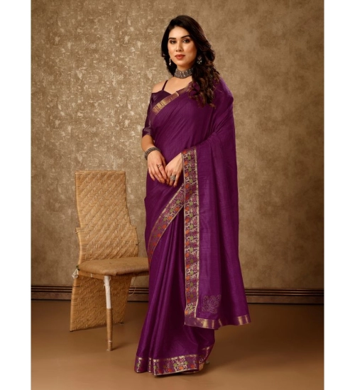 Generic Women's Vichitra Swiroshki Butta Saree With Unstitched Blouse (Wine, 5-6 Mtrs)