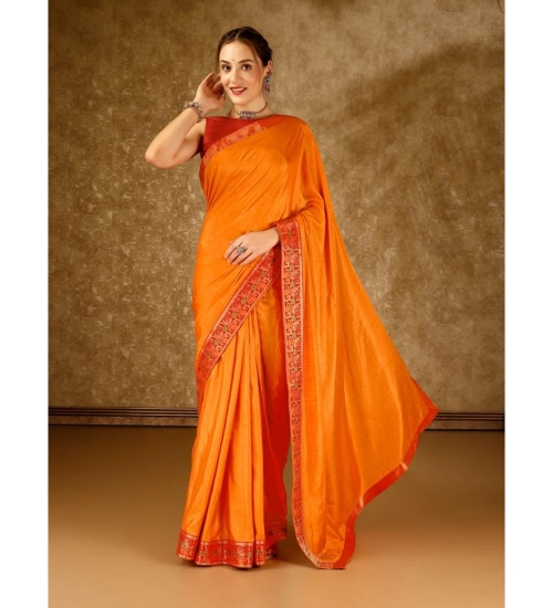 Generic Women's Vichitra Swiroshki Butta Saree With Unstitched Blouse (Yellow, 5-6 Mtrs)