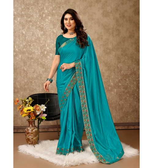 Generic Women's Vichitra Swiroshki Butta Saree With Unstitched Blouse (Turquies Blue, 5-6 Mtrs)
