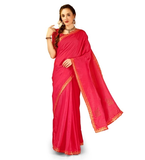 Generic Women's Vichitra Swiroshki Butta Saree With Unstitched Blouse (Pink, 5-6 Mtrs)