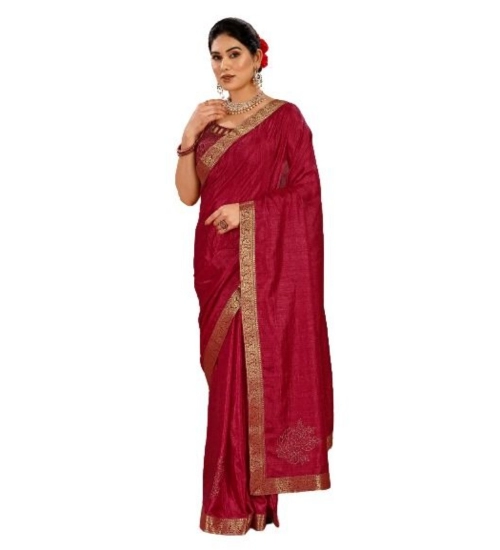 Generic Women's Vichitra Swiroshki Butta Saree With Unstitched Blouse (Maroon, 5-6 Mtrs)