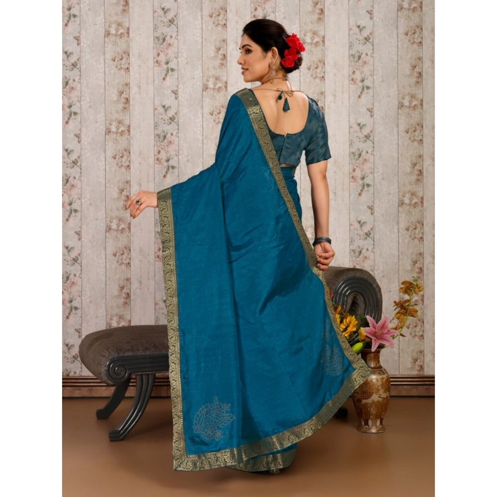 Generic Women's Vichitra Swiroshki Butta Saree With Unstitched Blouse (Blue, 5-6 Mtrs)