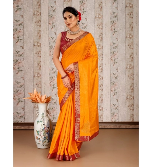 Generic Women's Vichitra Swiroshki Butta Saree With Unstitched Blouse (Yellow, 5-6 Mtrs)